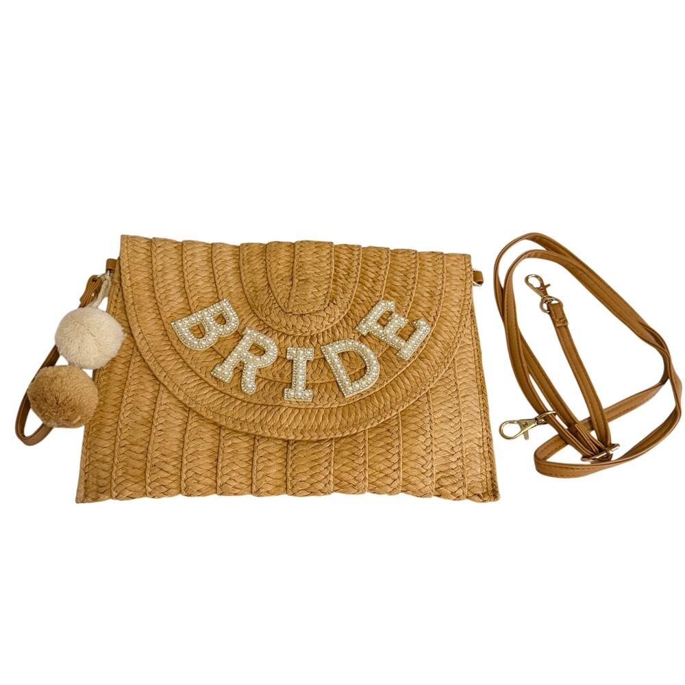 Bride Straw Crossbody Envelope Bag Tan Beige Pearl Patch Beach Bachelorette Chic